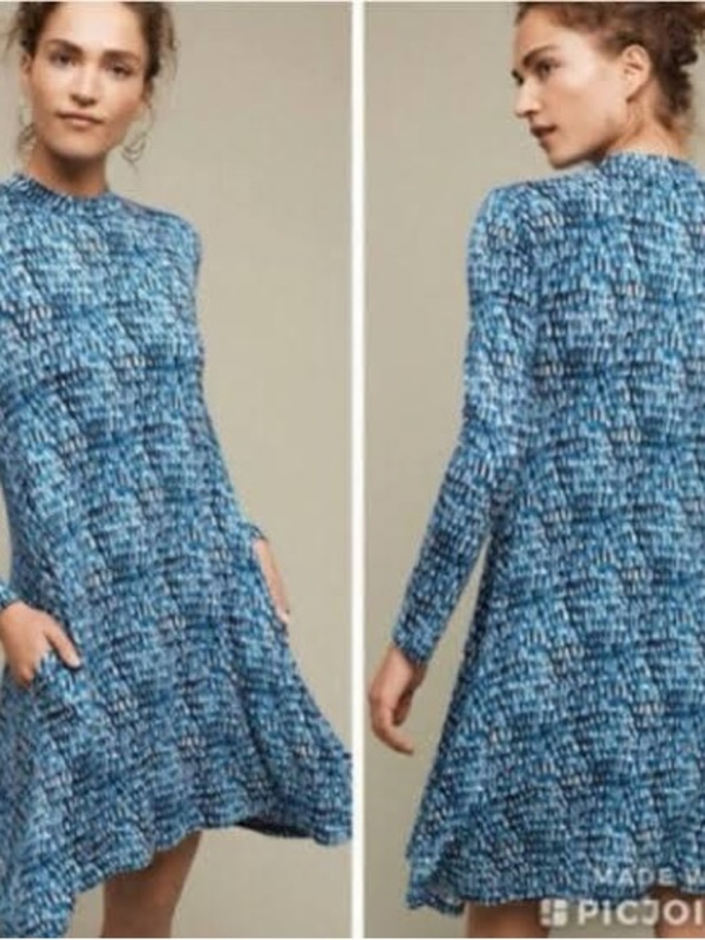 Anthropologie Maeve Myra Mock Neck Flowy Dress Blue Size XS Petite Pockets
